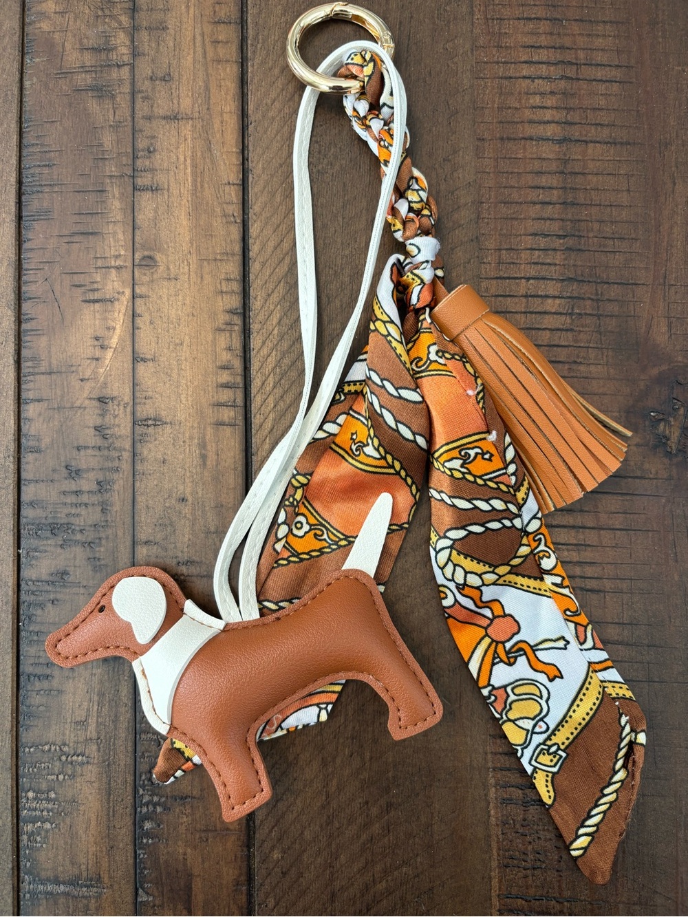Cute Dog Bag Charm Keychain with Scarf & Tassel – Red or Brown